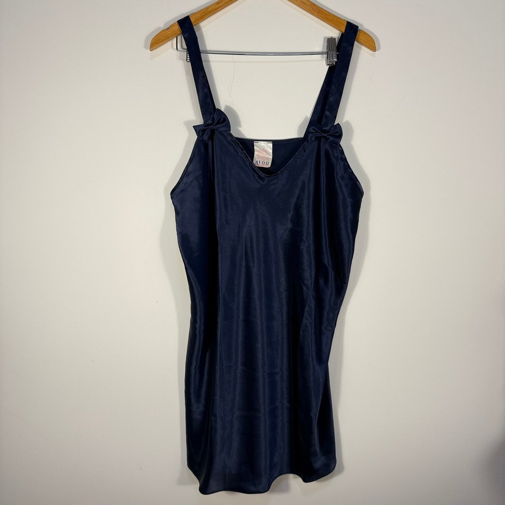 Vintage Avon Mode Fashions Navy Blue Satin Chemise Nightgown Bow Straps XL